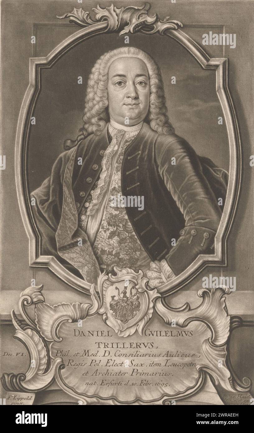 Portrait of Daniel Wilhelm Triller, print maker: Johann Jacob Haid, after painting by: Franz Lippold, publisher: Johann Jacob Haid, Augsburg, 1747, paper, height 319 mm × width 199 mm, print Stock Photo