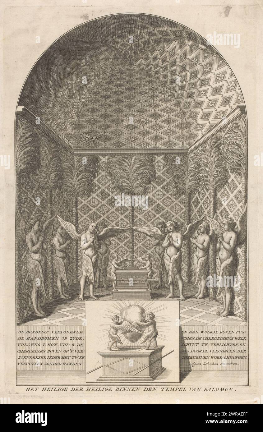 Ark of the Covenant in the Holy of Holies of the Temple of Solomon, The Holy of Holies within the Temple of Solomon (title on object), With caption in Dutch. The Ark of the Covenant is surrounded by angels., print maker: anonymous, Netherlands, 1727, paper, etching, height 311 mm × width 203 mm, print Stock Photo