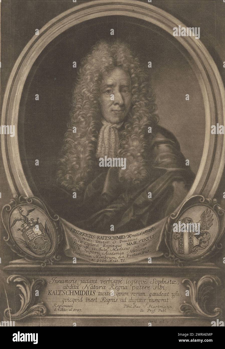 Portrait of Friedrich Kaltschmied at the age of 71, with caption in Latin., print maker: Johann Oertl, after drawing by: Johann Oertl, Philipp Jacob Hartmann, 1713, paper, etching, height 355 mm × width 247 mm, print Stock Photo