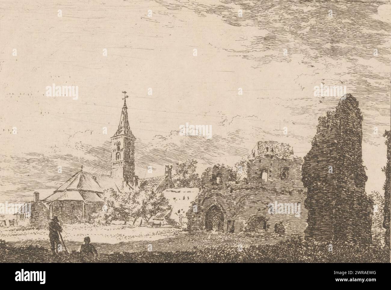 View of the church and ruins of the Rijnsburg Abbey, Abday in Rijnsburg (title on object), print maker: Hermanus van Brussel, after own design by: Hermanus van Brussel, in or after 1815, paper, etching, height 109 mm × width 161 mm, print Stock Photo