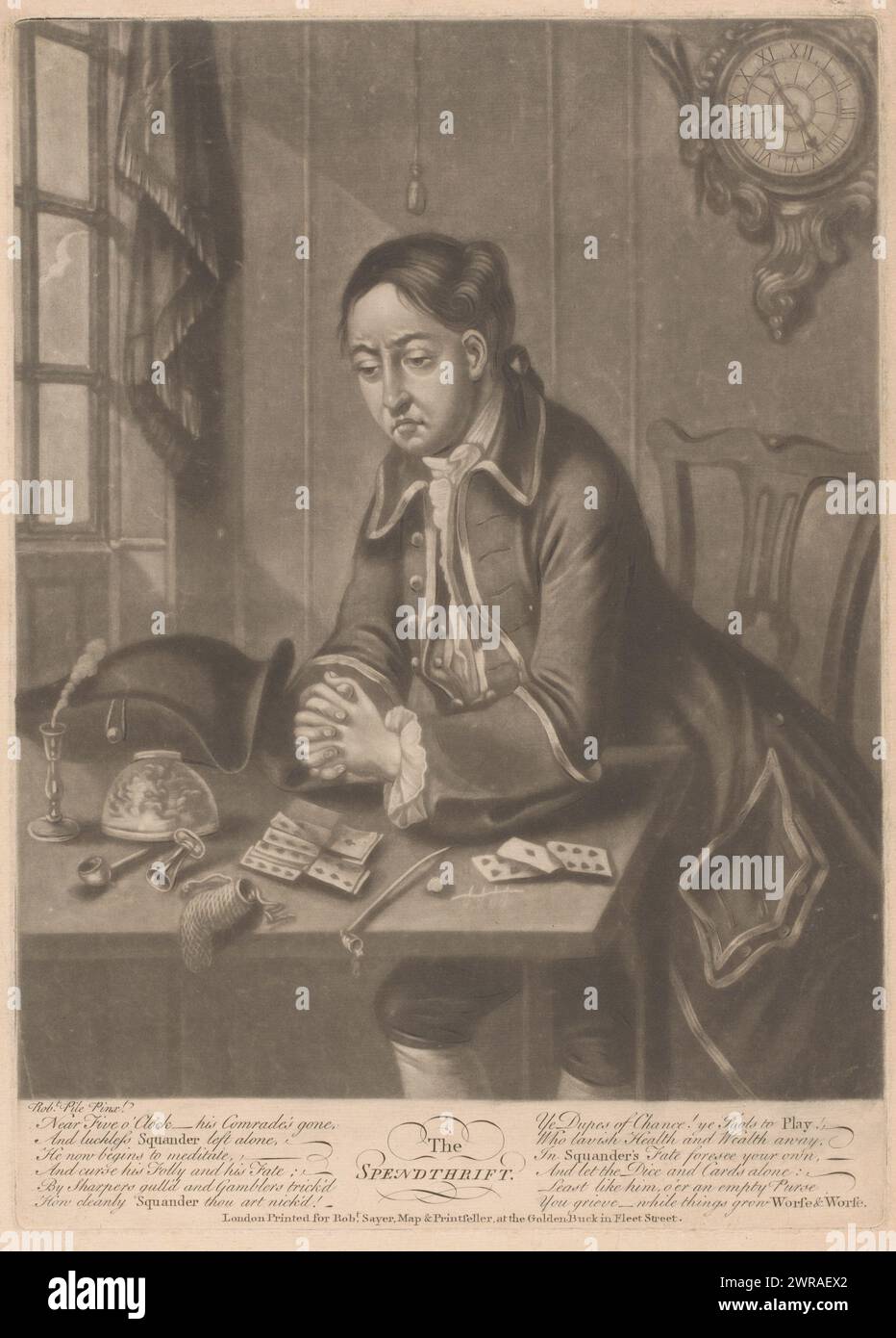 Bitter soldier in thought at a table with cards, The Spendthrift (title on object), Text in English in the bottom margin., print maker: James Wilson, (possibly), after painting by: Robert Pile, publisher: Robert Sayer, London, 1745 - 1794, paper, height 352 mm × width 252 mm, print Stock Photo