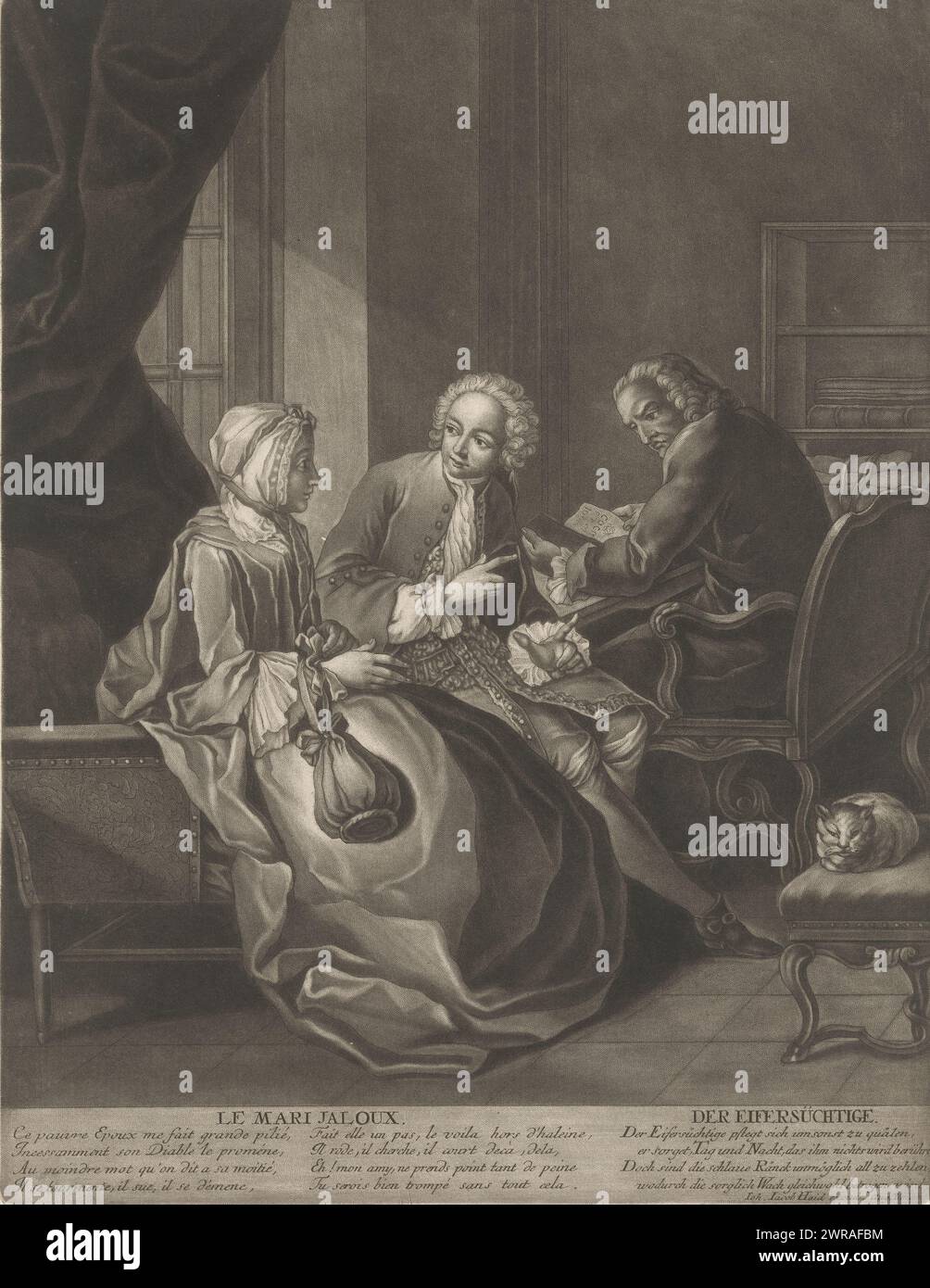 Jealous husband, Le mari jaloux / Der Eifersüchtige (title on object), With caption in German and French., print maker: Johann Jacob Haid, (possibly), after painting by: Etienne Jeaurat, publisher: Johann Jacob Haid, Augsburg, 1714 - 1767, paper, etching, height 410 mm × width 317 mm, print Stock Photo