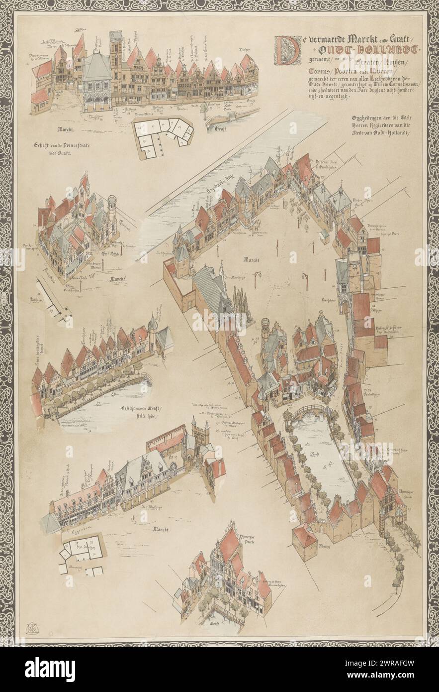 Map of Oud-Holland, 1895, De vermaerde Marckt ende Graft / Oudt-Hollandt genaemt / met alle syn Straten / Huysen (...) made in honor of all Lovers of the Old Art (...). (title on object), Map of the buildings of 'Old Holland', recreated old Dutch buildings on display on the exhibition grounds on the Museumplein in Amsterdam during the World Exhibition of the Hotel and Travel Industry, May-November 1895., print maker: Willem Corneliszoon, printer: Amand, print maker: Netherlands, printer: Amsterdam, 1895, paper, height 995 mm × width 680 mm Stock Photo