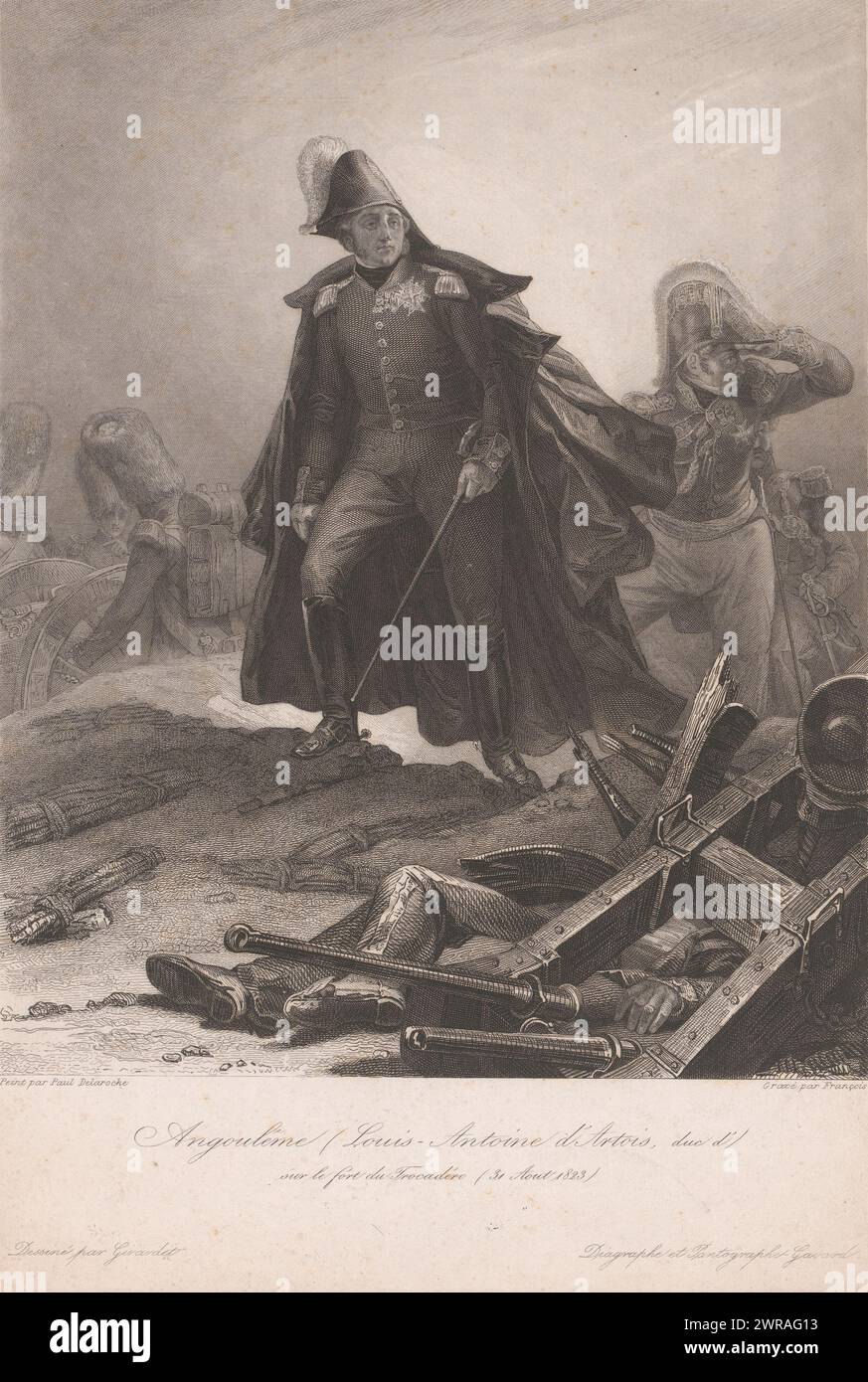 Louis Anton of Bourbon on the battlefield of Trocadero, Angoulême (Louis-Antoine d'Artois, duc d') (title on object), print maker: Alphonse François, after painting by: Paul Delaroche, after drawing by: Girardet, print maker: France, publisher: Paris, 1838 - 1841, paper, steel engraving, height 334 mm × width 239 mm, print Stock Photo