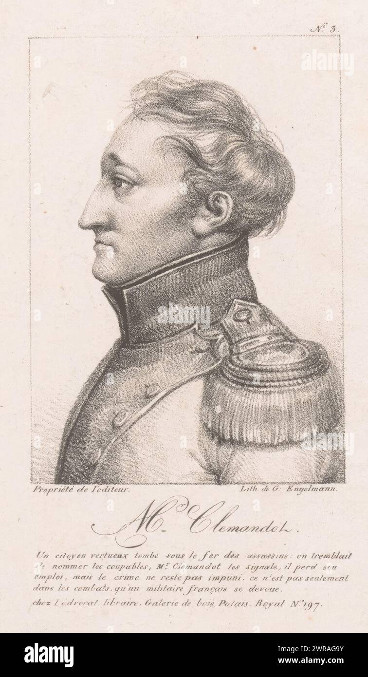 Portrait of Lieutenant Clémendot, Mr. Clemandot (title on object), Those involved in the trial of the murder of Fualdès in 1818 (series title), print maker: anonymous, printer: Gottfried Engelmann, publisher: Pierre-François-Camille Ladvocat, Paris, 1816 - 1839, paper, height 238 mm × width 161 mm, print Stock Photo