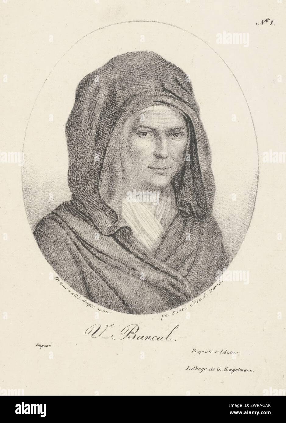 Portrait of widow Catherine Bancal, Ve. Bancal (title on object), Main characters in the Fualdès affair (series title), print maker: Jean Pierre Sudre (1783-1866), after own design by: Jean Pierre Sudre (1783-1866), printer: Gottfried Engelmann, Paris, 1818, paper, height 257 mm × width 178 mm, print Stock Photo
