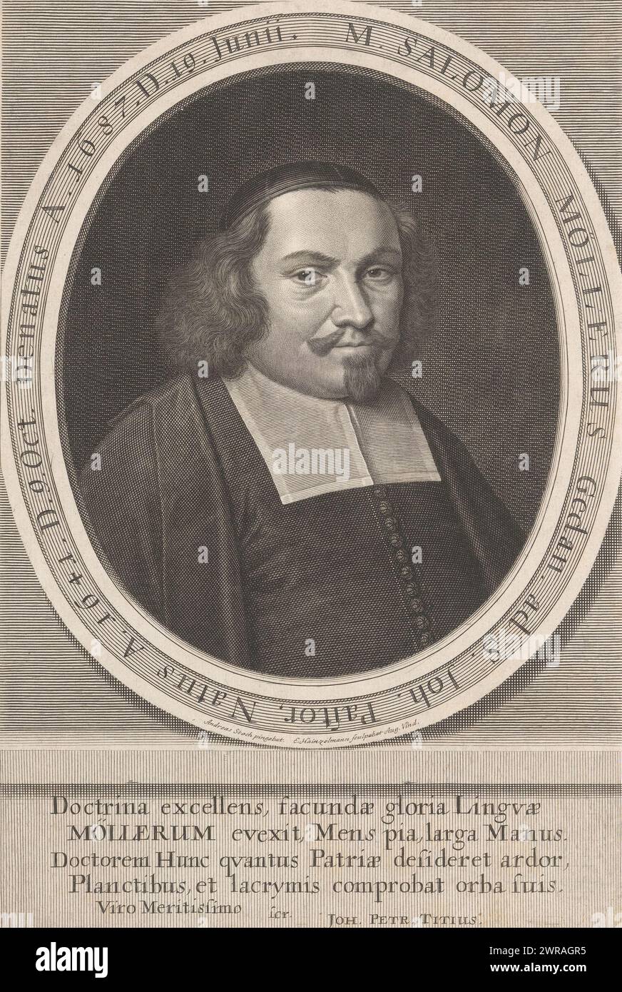 Portrait of Salomon Möller, With poem of praise in Latin., print maker: Elias Hainzelmann, after painting by: Andreas Stech, Johann Peter Titz, Augsburg, 19-Jun-1687 - 1693, paper, engraving, height 280 mm × width 187 mm, print Stock Photo