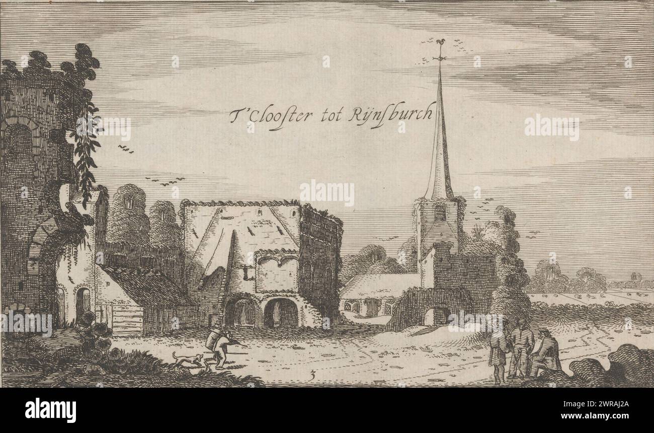 View of the church and ruins of the Rijnsburg Abbey, t'Clooster to Rijnsburch (title on object), Views of Dutch castles (series title), print maker: Jan van de Velde (II), publisher: Robert de Baudous, Amsterdam, 1616, paper, etching, height 136 mm × width 225 mm, print Stock Photo