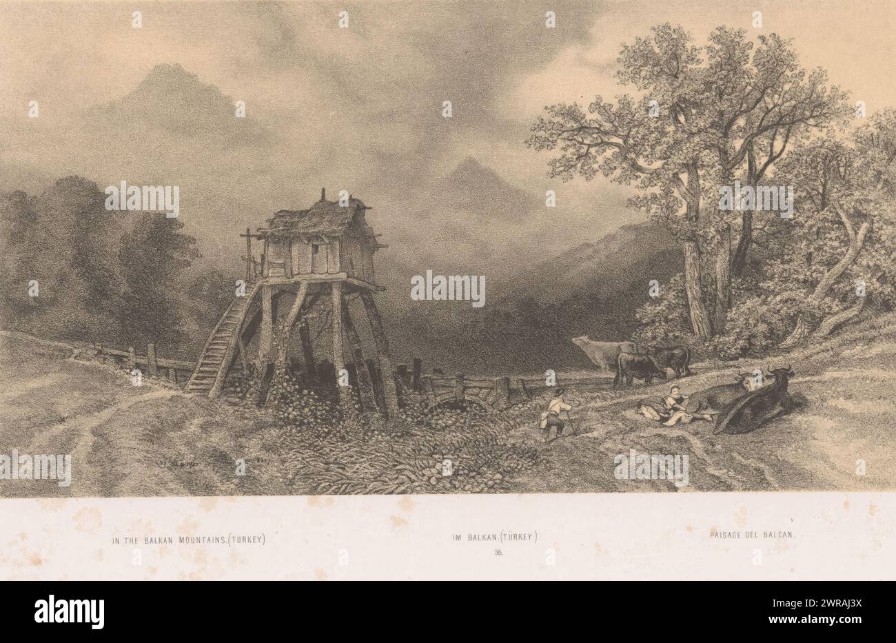 Landscape with hut, cows and shepherds in the Balkans, In the Balkan Mountains (Turkey) / Im Balkan (Türkey) / Paisage del Balcan (title on object), Figures in a landscape (series title), print maker: Fortuné Férogio, c. 1829 - c. 1875, paper, height 246 mm × width 351 mm, print Stock Photo