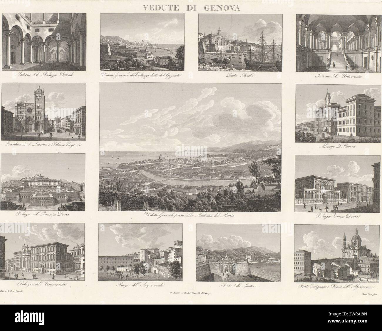 View of Genoa, Vedute di Genova (title on object), Text in Italian in the margins. Thirteen performances from well-known locations in and around Genoa., print maker: Caroline Lose, publisher: Fratelli Bettalli, Milaan, 1794 - 1830, paper, engraving, height 334 mm × width 444 mm, print Stock Photo
