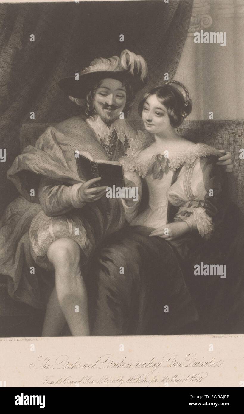 Reading couple on a sofa, The Duke and Duchess reading Don Quixote (title on object), print maker: George Henry Phillips, after painting by: Charles Robert Leslie, publisher: Hodgson & Graves, London, 1835, paper, height 320 mm × width 243 mm, print Stock Photo
