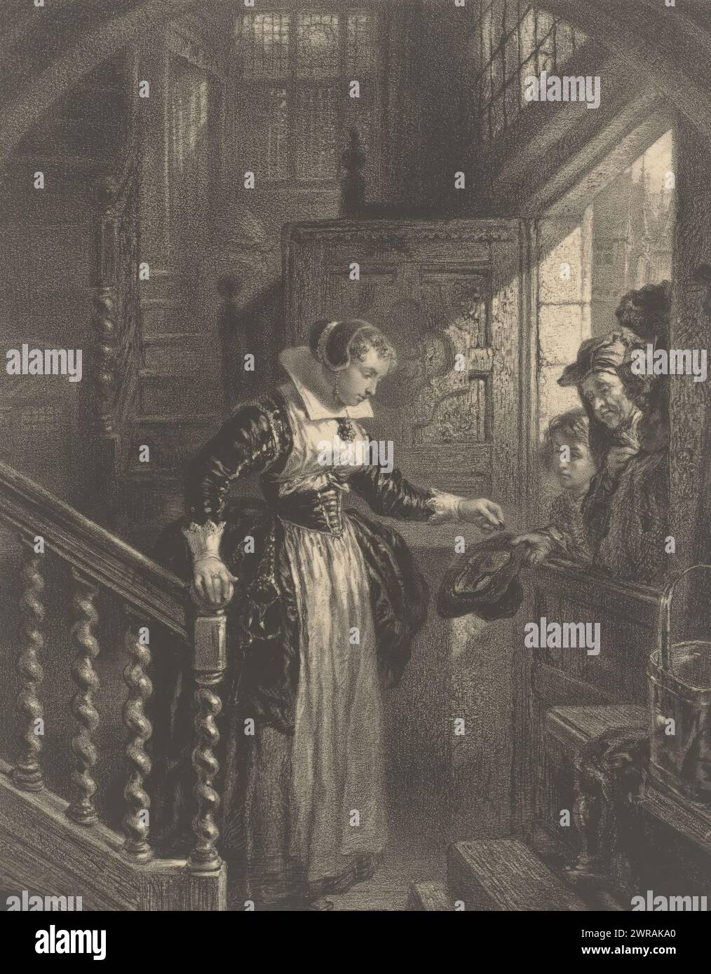 Woman gives alms to beggars at the door, L'aumône, Ancient and contemporary artists (series title), Les artistes anciens et moderns (series title on object), print maker: Adolphe Mouilleron, after painting by: Henri Leys (baron), printer: Victor Jacques Bertauts, Paris, 1848 - 1862, paper, height 448 mm × width 313 mm, print Stock Photo