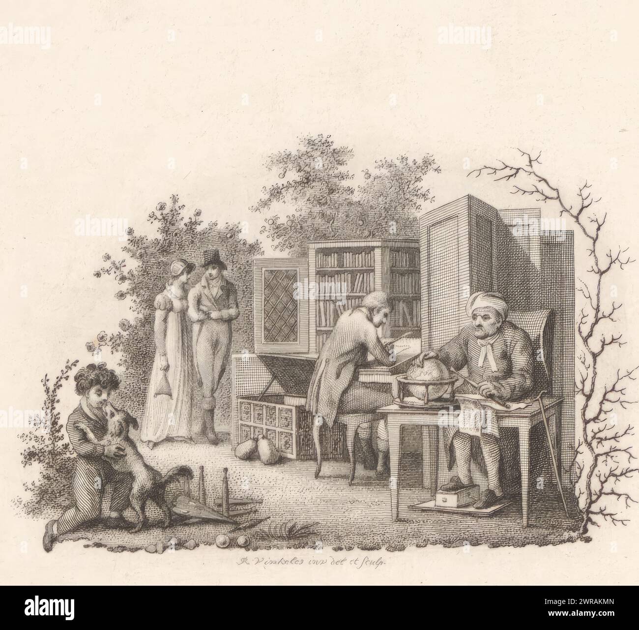 Four men at different ages, Title page for: Adriaan Pietersz. Loosjes, The man in the four epochs of his life, 1809, Title page with four men undertaking various activities at different ages. A boy plays with a dog. A young man walks with a lady by his side. The middle-aged man sits behind his writing desk and the old man has his hand on a globe. The print is part of an album., print maker: Reinier Vinkeles (I), after drawing by: Reinier Vinkeles (I), publisher: Adriaan Pietersz. Loosjes, Haarlem, 1809, paper, etching, engraving, height 237 mm × width 157 mm Stock Photo