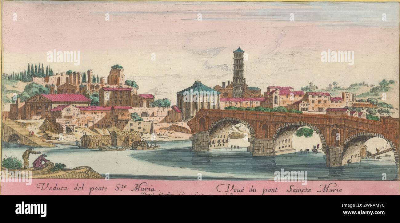 Ponte Rotto in Rome, Veduta del Ponte S.te Mari (...) (title on object), Views of Rome (series title on object), View of part of the remains of the Ponte Rotto crossing the river Tiber goes to Rome. Title in Italian and French in the bottom margin. Print is part of an album., print maker: Israël Silvestre, after own design by: Israël Silvestre, Anna Beeck, print maker: Paris, after own design by: Paris, The Hague, France, 1631 - 1691 and/or 1693 - 1717, paper, etching, height 124 mm × width 251 mm, print Stock Photo
