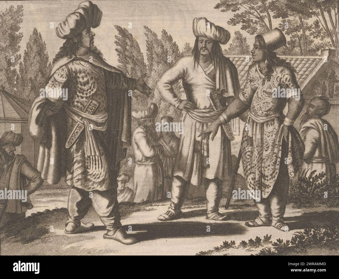 Clothing of residents of India, print maker: anonymous, publisher: Jacob van Meurs, Staten van Holland en West-Friesland, Amsterdam, 1672, paper, engraving, etching, letterpress printing, height 129 mm × width 167 mm, print Stock Photo