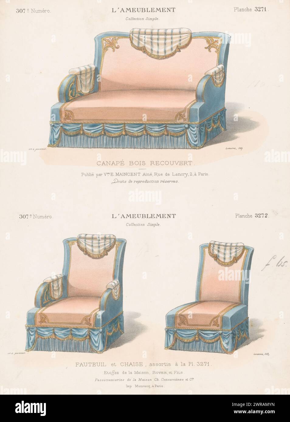 Canapé, armchair and chair, Canapé bois recouvert / Fauteuil et chaise (title on object), L'ameublement / Collection simple (series title on object), A canapé, armchair and a chair. Print from 307th issue (livraison)., print maker: Léon Laroche, printer: Monrocq, publisher: weduwe Eugène Maincent, Paris, 1895, paper, height 357 mm × width 276 mm, print Stock Photo