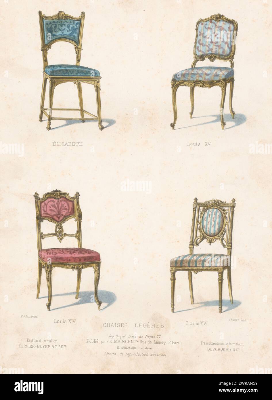 Four chairs, Chaises légères / Élisabeth / Louis XV / Louis XIV / Louis XVI (title on object), Le garde-meuble / Collection de Sièges (series title on object), Four chairs in various styles. Print from 288th Livraison., print maker: Chanat, printer: Becquet frères, publisher: Eugène Maincent, Paris, 1885 - 1895, paper, height 358 mm × width 275 mm, print Stock Photo