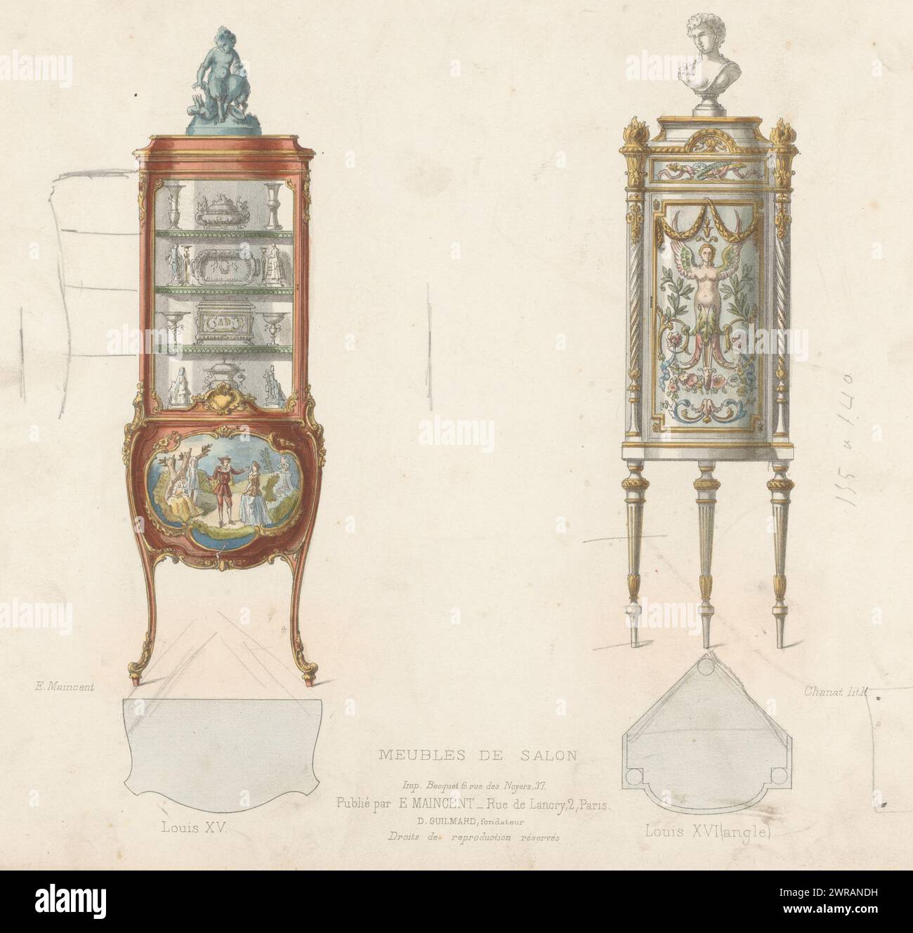 Two cabinets with statues, Meubles de salon / Louis XV / Louis XVI (angle) (title on object), Le garde-meuble / Collection de Meubles (series title on object), Two narrow cabinets in the styles of Louis, on top of which are a statue and bust. Print from 295th Livraison., print maker: Chanat, printer: Becquet frères, publisher: Eugène Maincent, Paris, 1885 - 1895, paper, height 276 mm × width 359 mm, print Stock Photo