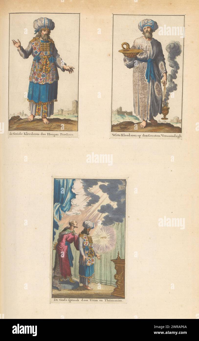 Sheet with three representations of the Jewish high priests, The Gold Garments of the High Priests / White Garments on the Great Day of Verzoendagh / The Speech of God by Urim and Thummim (title on object), Sheet with three inserted prints about the clothing of the Jewish high priests. Sheet between p. 100/101 in the first part of the picture Bible with the Old Testament, published by Pieter Mortier, Amsterdam 1700., print maker: Jan Luyken, anonymous, publisher: Pieter Mortier (I), Amsterdam, 1682 and/or 1700, paper, brush, etching, height c . 140 mm × width c. 80 mm Stock Photo