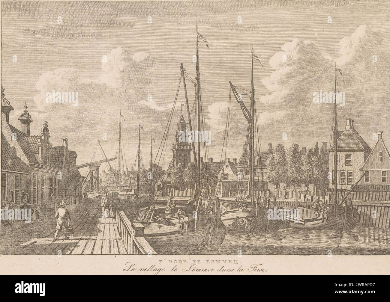 Lemmer, ca. 1790, T' Dorp De Lemmer / Le village le Lemmer dans la Frize (title on object), print maker: Carel Frederik Bendorp (I), after drawing by: Jan Bulthuis, publisher: Evert Maaskamp, Amsterdam, 1786 - 1792 and/or 1824 - 1825, paper, etching, height 178 mm × width 247 mm, print Stock Photo