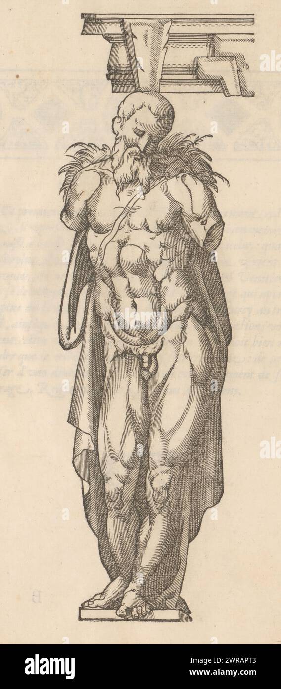 Masculine term with cloak, Pourtrait du 2. Terme (title on object), Terms in different architectural orders (series title), Oeuvre de la diversité des termes, dont on use en architecture, reduct en ordre (series title), Numbered top left: 10. According to the explanation on page 12, this concerns the Tuscan order. Print is part of an album., print maker: anonymous, after design by: Hugues Sambin, 1572, paper, letterpress printing, height 308 mm × width 201 mm, print Stock Photo