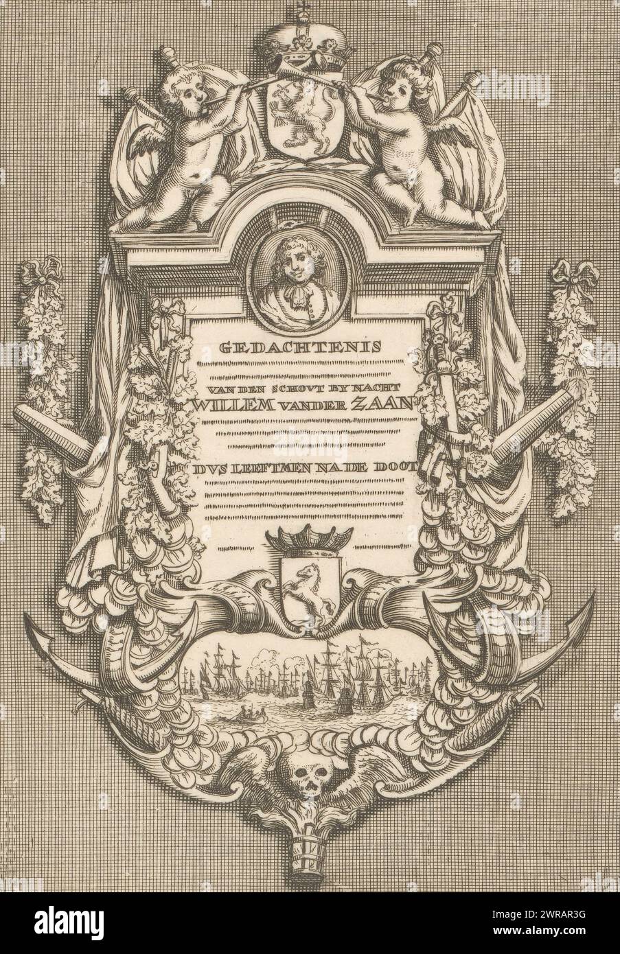 Grave marker for Willem van der Zaan in the Oude Kerk in Amsterdam, print maker: anonymous, after sculpture by: Rombout Verhulst, Northern Netherlands, 1690, paper, etching, engraving, height 178 mm × width 128 mm, print Stock Photo