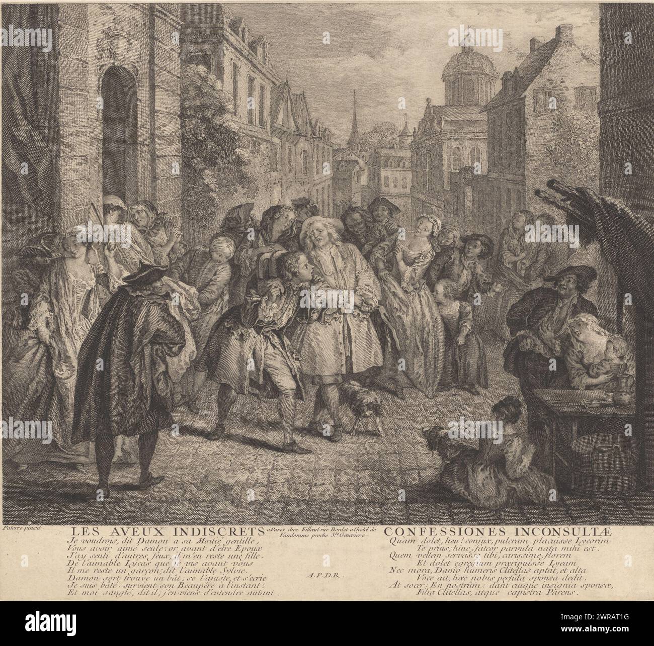 Street scene with Damon with a backpack and his father-in-law with a rod, Les Aveux Indiscrets / Confessiones Inconsultae (title on object), Fables by Jean de La Fontaine (series title), Suite d'Estampes Nouvelles pour les Contes de La Fontaine (series title), With eight-line verse at the bottom in French and Latin., print maker: Nicolas de Larmessin (III), after painting by: Jean Baptiste François Pater, publisher: Pierre Filloeul, print maker: France, publisher: Paris, c. 1734 - c. 1743, paper, etching, height 333 mm × width 367 mm, print Stock Photo