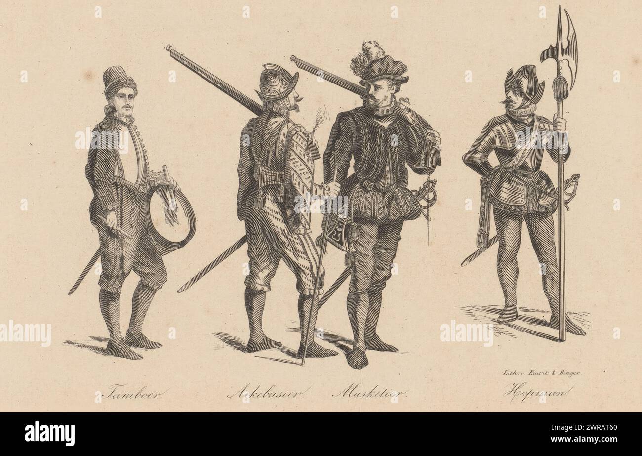 Drum, arkebusier, musketeer and scoutmaster in clothing from the sixteenth century, Drum / Arkebusier / Musketeer / Hopman (title on object), Numbered top right: XXVI., print maker: anonymous, printer: Emrik & Binger, print maker: Netherlands, printer: Haarlem, 1857, paper, height 150 mm × width 236 mm, print Stock Photo