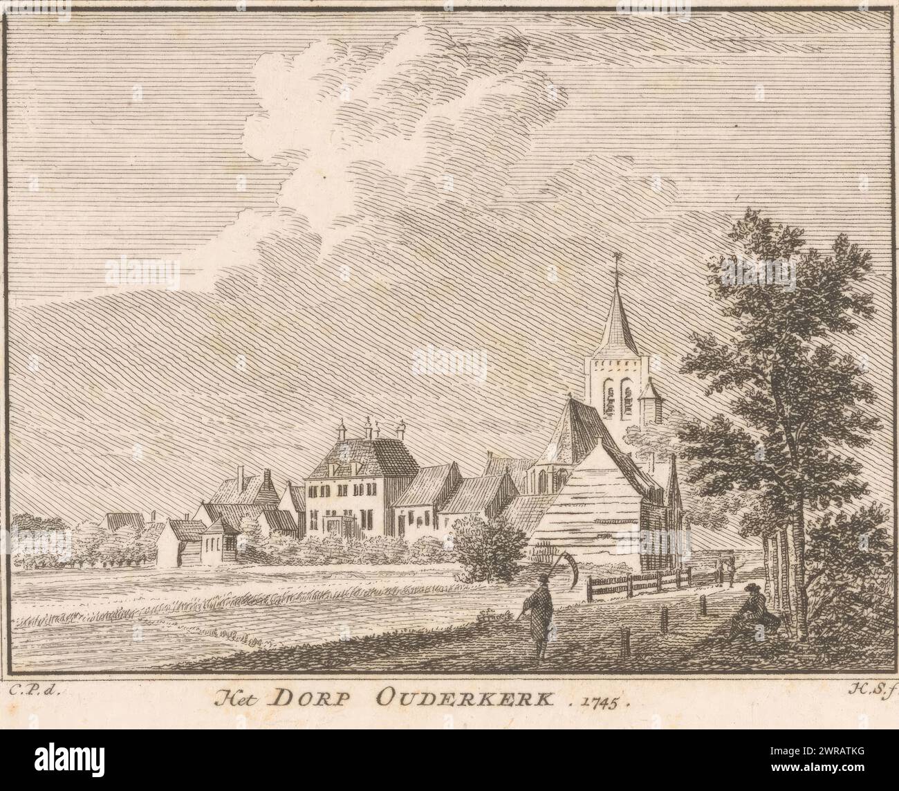 View of a street in Nieuwerkerk, 1745, Het Dorp Nieuwerkerk in Duiveland. 1745 (title on object), View of a street in the village of Nieuwerkerk on Schouwen-Duiveland, with the church at the end. In the situation around 1745., print maker: Hendrik Spilman, after drawing by: Cornelis Pronk, Haarlem, 1754 - 1792, paper, etching, height 79 mm, width 103 mm, print Stock Photo
