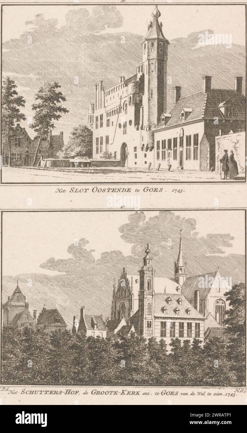 Two views of Huis Rijnsburg in Oostkapelle, 1743, Het Huis Rynsburg. 1743 / The House of Rynsburg from another side. 1743 (title on object), Above a view of Huis Rijnsburg in Oostkapelle. Below a view of the same country house, seen from another side. Both in the situation around 1743., print maker: Hendrik Spilman, after drawing by: Cornelis Pronk, Haarlem, 1754 - 1792, paper, etching, height 166 mm × width 109 mm, print Stock Photo