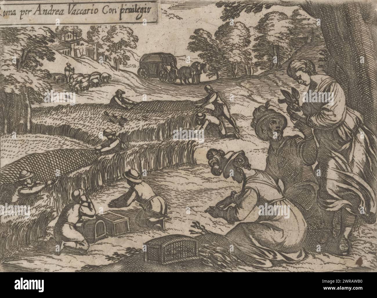 Hunters catch small birds in the tall grass, Hunting scenes (part 2) (series title), Primo libro di caccie varie (series title), Landscape with hunters who catch small birds in the tall grass with the help of nets and cages. In the foreground a man and two women with the captured birds., print maker: Antonio Tempesta, publisher: Andrea Vaccari, (possibly), publisher: Giovanni Orlandi, (possibly), print maker: Italy, publisher: Rome, publisher: Rome, Vatican City, 1598, paper, etching, height 101 mm × width 140 mm, print Stock Photo