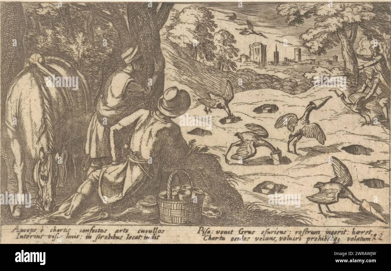 Hunting birds with decoys and birdlime, Various hunting and battle scenes (series title), Venationes Ferarum, Avium, Piscium Pugnae bestiariorum: et mutuae bestiarum (series title), Landscape with decoys with birdlime. Various birds stick their heads into the holes and get a hood glued around their heads. Hunters keep an eye on the traps from behind the trees. Text in Latin in bottom margin., print maker: Antonio Tempesta, publisher: Giovanni Domenico de'Rossi, Antonio Ubertino, print maker: Italy, publisher: Rome, Italy, 1605, paper, etching, height 93 mm × width 147 mm Stock Photo