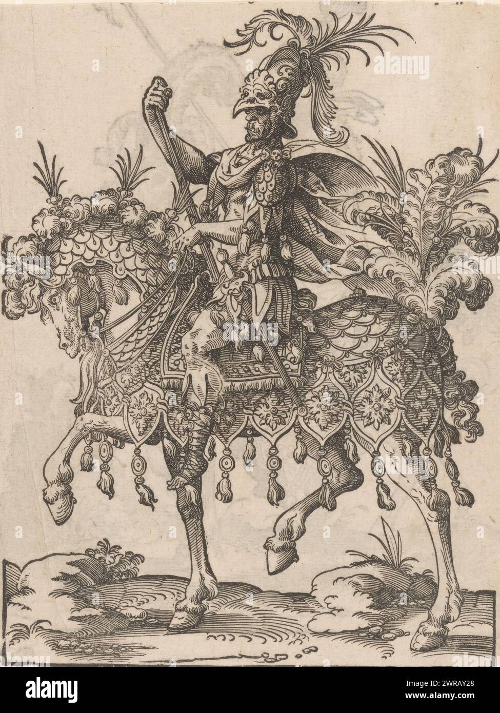 Man on horseback dressed as Mars, print maker: Jost Amman, publisher: Sigmund Feyerabend, print maker: Neurenberg, publisher: Frankfurt am Main, 1584, paper, height 228 mm × width 185 mm, print Stock Photo