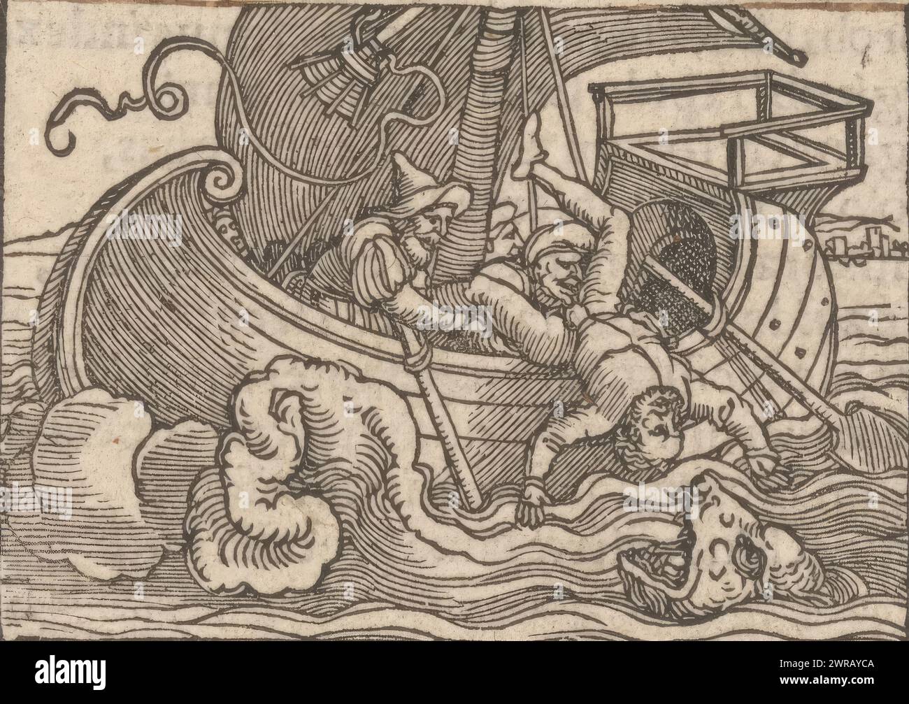 Jonah is thrown overboard into the whale's mouth, Historia Ionae prophetae (title on object), print maker: anonymous, after design by: Hans Sebald Beham, publisher: Christian Egenollf, 1530 - 1533, paper, height 50 mm × width 70 mm, print Stock Photo
