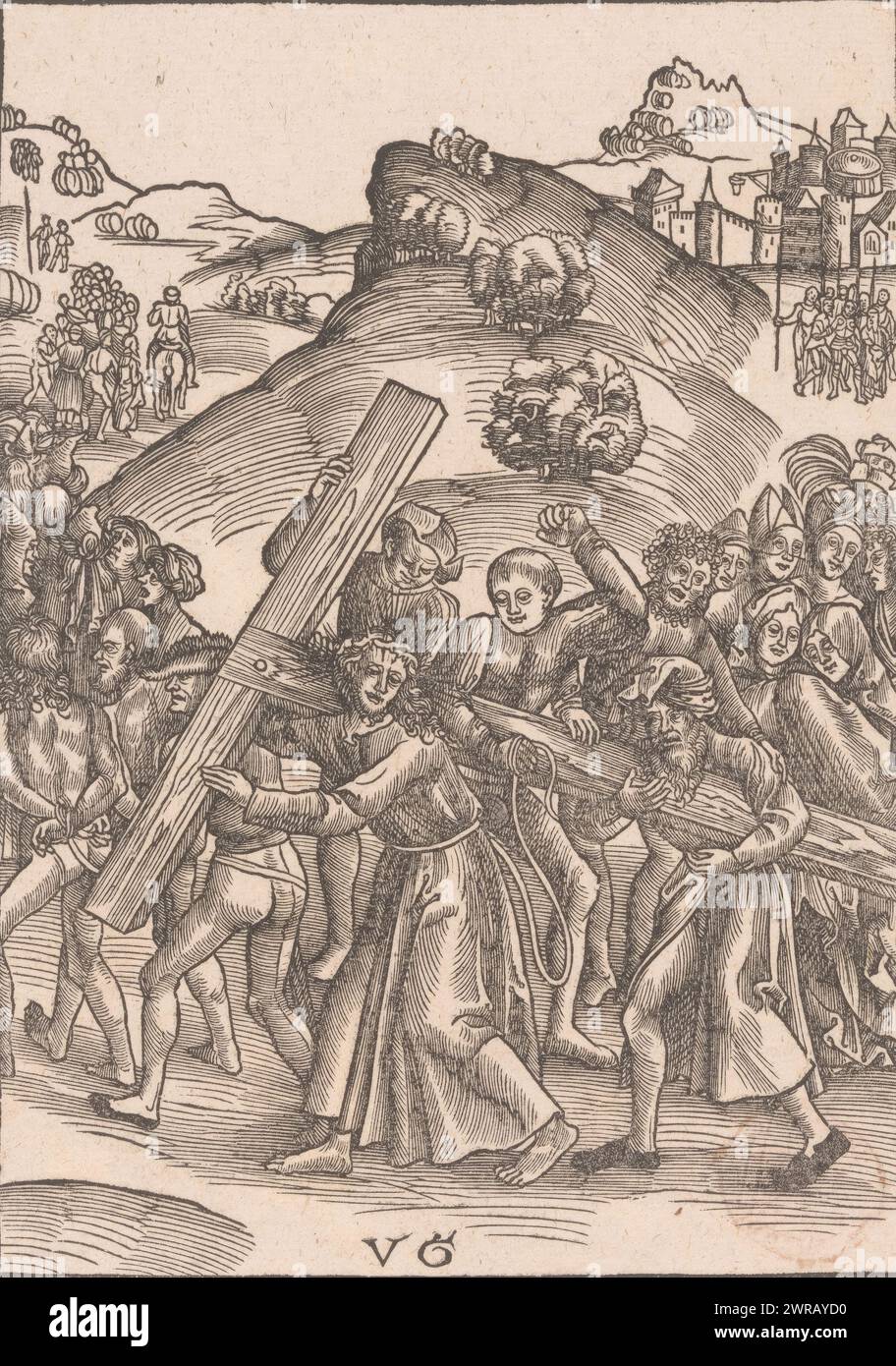 Christ is helped to carry the cross by Simon of Cyrene, Passion of Christ (series title), print maker: anonymous, after design by: Urs Graf, publisher: Matthias Ringmann, 1506, paper, height 217 mm × width 155 mm, print Stock Photo