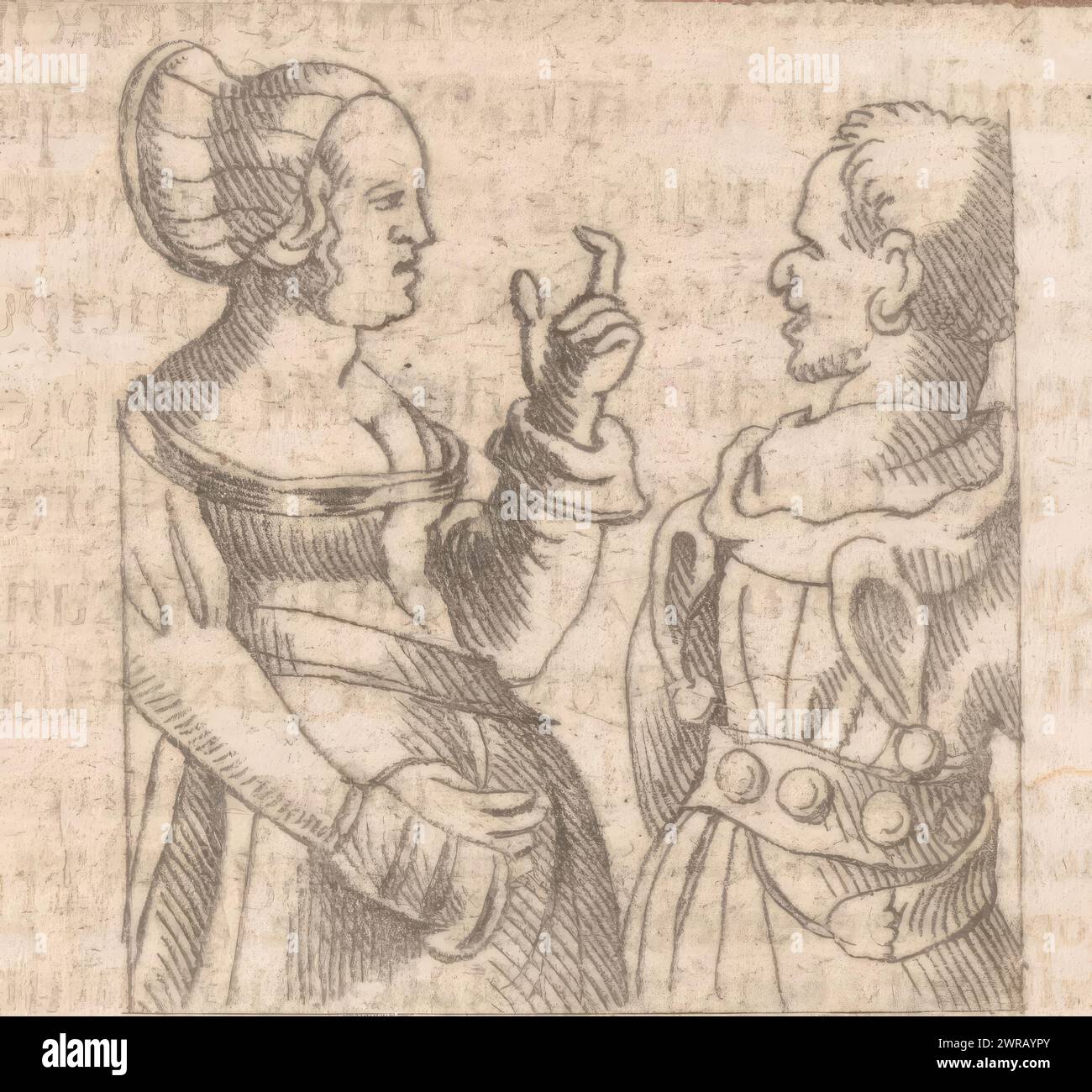 Jester turns to a gesticulating woman, Illustrations from the Praise of Folly (series title), print maker: Caspar Merian, after drawing by: Hans Holbein (II), after drawing by: Ambrosius Holbein, 1516 and/or 1676, paper, etching, letterpress printing, height 51 mm × width 60 mm, print Stock Photo