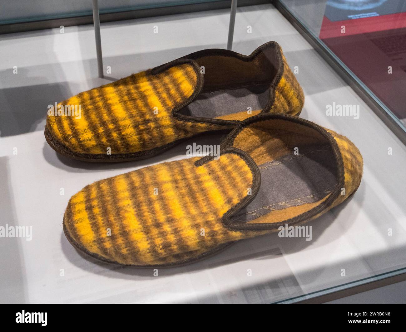 Prisoner slippers from the 1980s on display in the permanent exhibition, Berlin-Hohenschönhausen Memorial, Berlin, Germany. Stock Photo