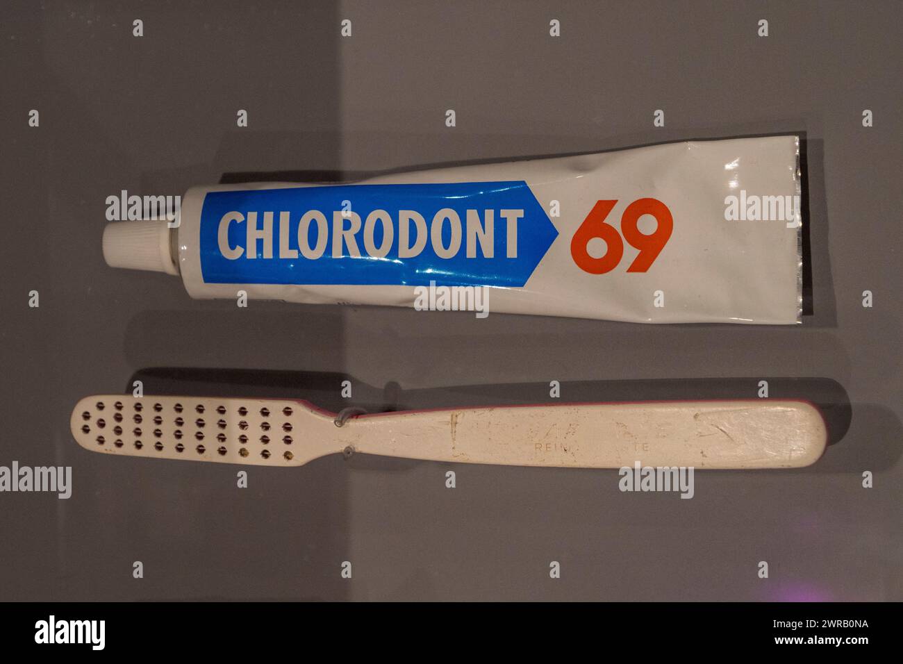 Chlorodont 69 prisoner toothpaste (1970s) and toothbrush on display in