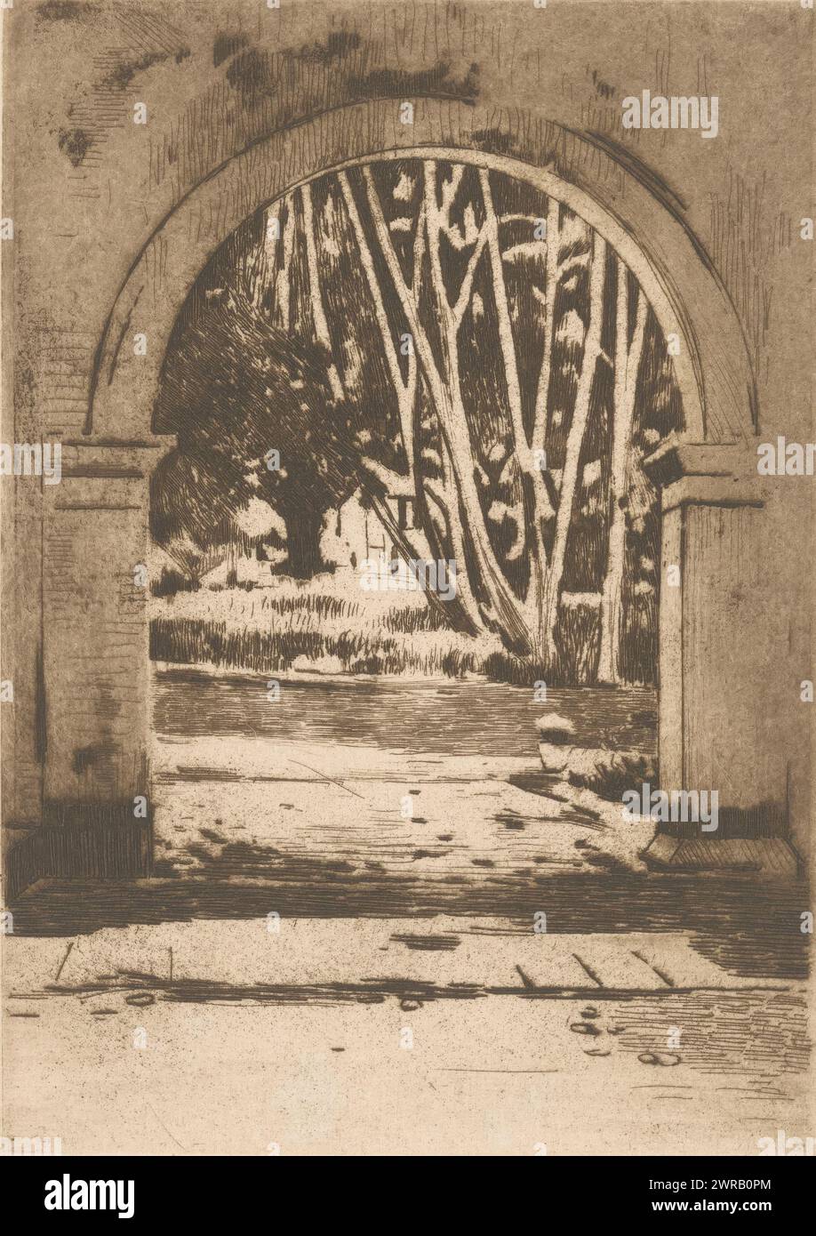 Gate of Hotel Bellevue in Buitenzorg, print maker: Willem Witsen, Amsterdam, c. 1921, paper, etching, height 210 mm × width 150 mm, print Stock Photo