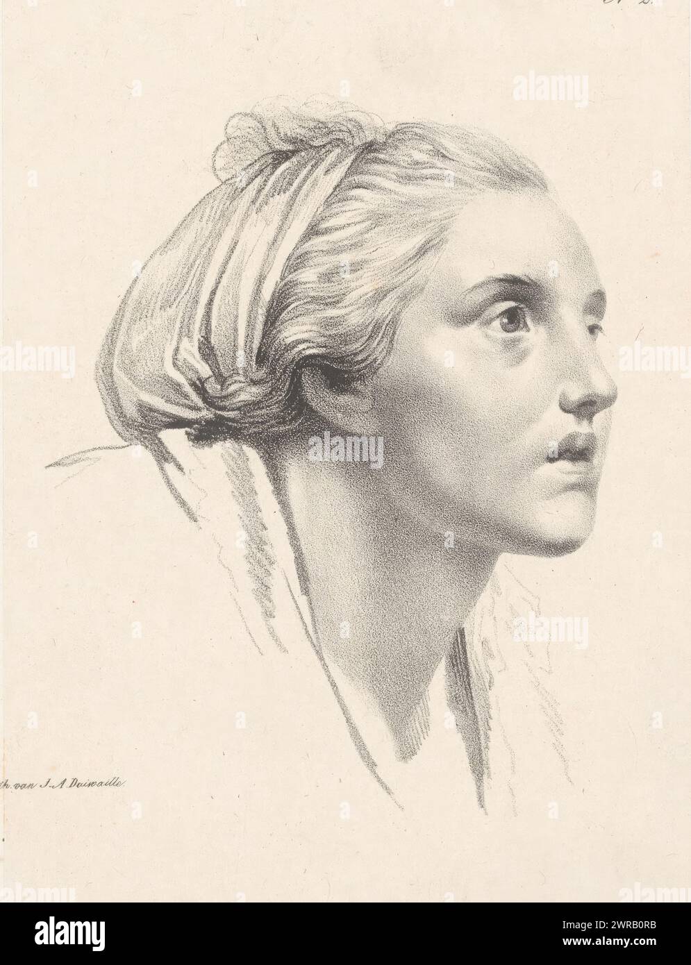 Young woman with headscarf, Passions after J.B. Greuze Number Two (series title), The woman looks to the right. The hair that peeks out from under her headscarf blows back. Numbered top right: 'No. 2'. This print is part of a cover with thirty prints., print maker: Jean Augustin Daiwaille, printer: Jean Augustin Daiwaille, Amsterdam, 1820 - 1830, paper, height 335 mm × width 280 mm, print Stock Photo