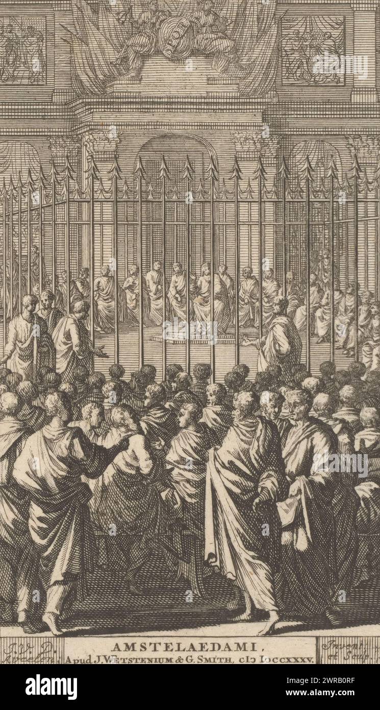 Meeting of the Senate in Rome, Title page for an unknown work, published in Amsterdam in 1735, A group of men in Roman clothing are sitting in a fenced-off room meeting. A man sits in the middle. Spectators sit on benches around the fence. On the wall a shield with the letters SPQR., print maker: Johannes Jacobsz van den Aveele, publisher: Jacobus Wetstein, publisher: William Smith (uitgever), Amsterdam, 1735, paper, etching, height 146 mm × width 87 mm, print Stock Photo
