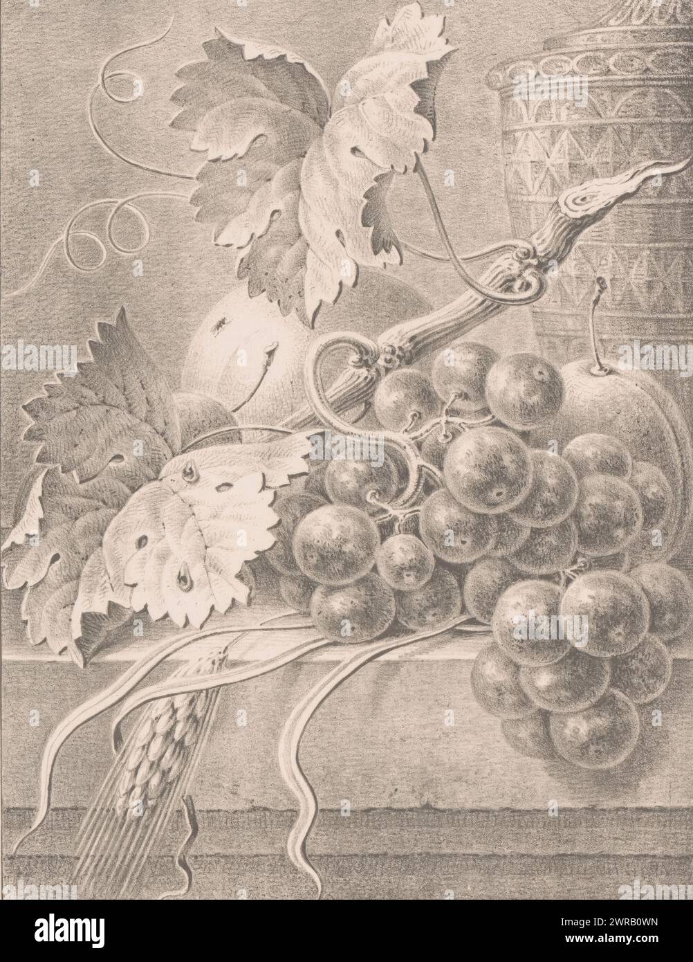 Still life with fruits and decorated pot, On a stone balustrade lies a bunch of grapes on a branch with leaves, a corn stalk, a peach and a plum., print maker: Maria Geertruida de Goeje-Barbiers, (attributed to), Haarlem, 1811 - 1849, paper, height 240 mm × width 190 mm, print Stock Photo