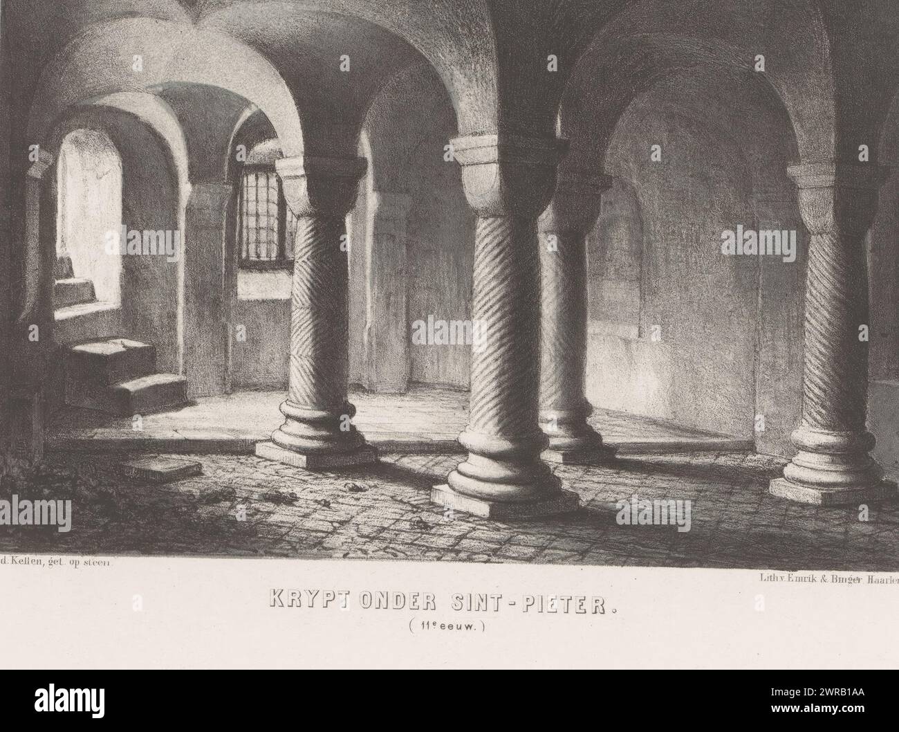 Crypt under a church, 11th century, Crypt under St. Peter. (11th century) (title on object), A crypt or burial vault under a church, here referred to as St. Peter's., print maker: David van der Kellen (1827-1895), printer: Emrik & Binger, Haarlem, 1857 - 1864, paper, height c. 292 mm × width c. 374 mm, print Stock Photo