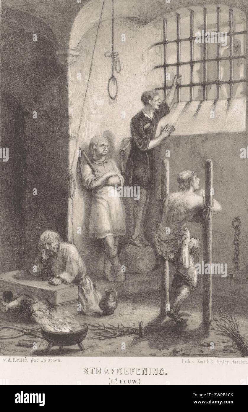 Prison, 11th century, Punishment exercise. (11th century) (title on object), Two chained prisoners and two executioners with torture instruments in a prison in the 11th century. On the right a window to the street., print maker: David van der Kellen (1827-1895), printer: Emrik & Binger, Haarlem, 1857 - 1864, paper, height c. 374 mm × width c. 292 mm, print Stock Photo