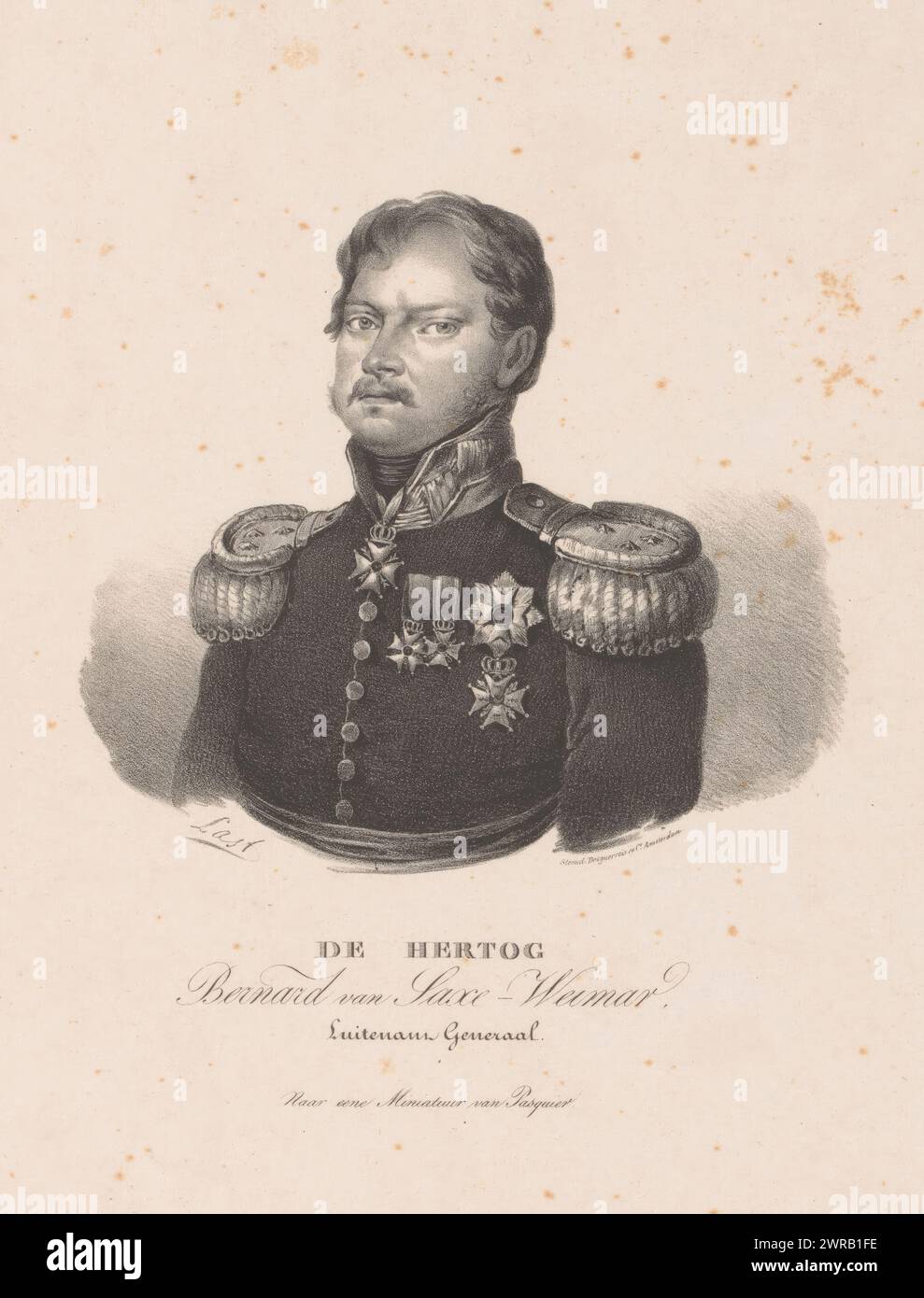 Portrait of Charles Bernhard of Saxe-Weimar-Eisenach, The Duke Bernard of Saxe-Weimar (title on object), The sitter wears a military costume with epaulettes with three stars and knighthoods., print maker: Carel Christiaan Antony Last, after design by: Pasquier le jeune, printer: Desguerrois & Co., print maker: Netherlands, printer: Amsterdam, 1818 - 1876, paper, height 310 mm × width 215 mm, print Stock Photo
