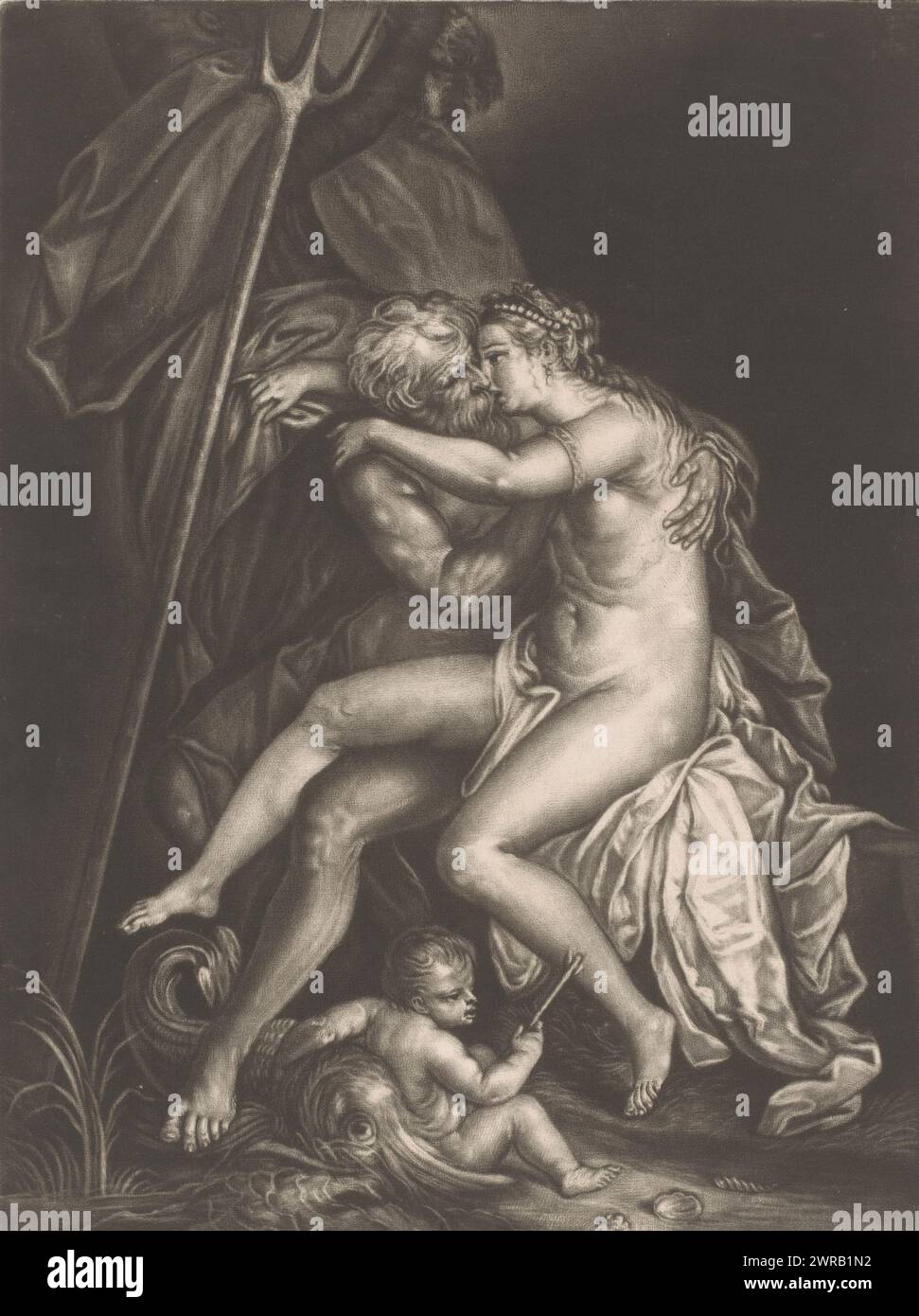 Neptune and Amphitrite kissing, print maker: John Smith (prentmaker/ uitgever), (attributed to), after print by: Giovanni Jacopo Caraglio, (possibly), after painting by: Perino del Vaga, (possibly), 1662 - 1742, paper, height 254 mm × width 180 mm, print Stock Photo
