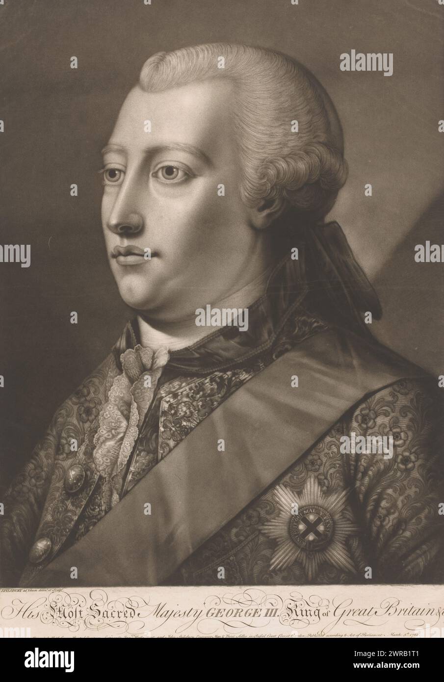 Portrait of George III of the United Kingdom, His Most Sacred Majesty George III King of Great Britain &c. (title on object), print maker: Jonathan Spilsbury, after own design by: Jonathan Spilsbury, publisher: Robert Sayer, London, Mar-1764, paper, height 503 mm × width 352 mm, print Stock Photo
