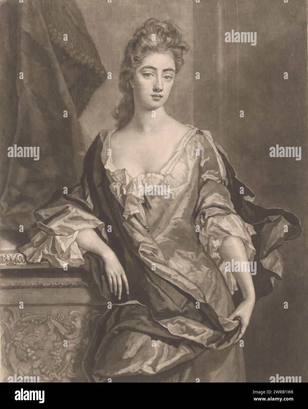 Portrait of Frances Brudenell, Frances Countess of Newburgh (title on object), print maker: William Wilson, after painting by: Michael Dahl, publisher: William Wilson, London, 1735 - 1800, paper, height 339 mm × width 247 mm, print Stock Photo