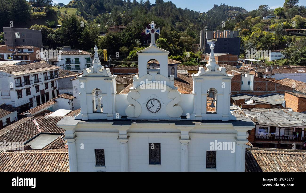 El Retiro, Antioquia - Colombia - March 2, 2024. Our Lady of the Rosary Parish, built in architecture in classical Greek style Stock Photo
