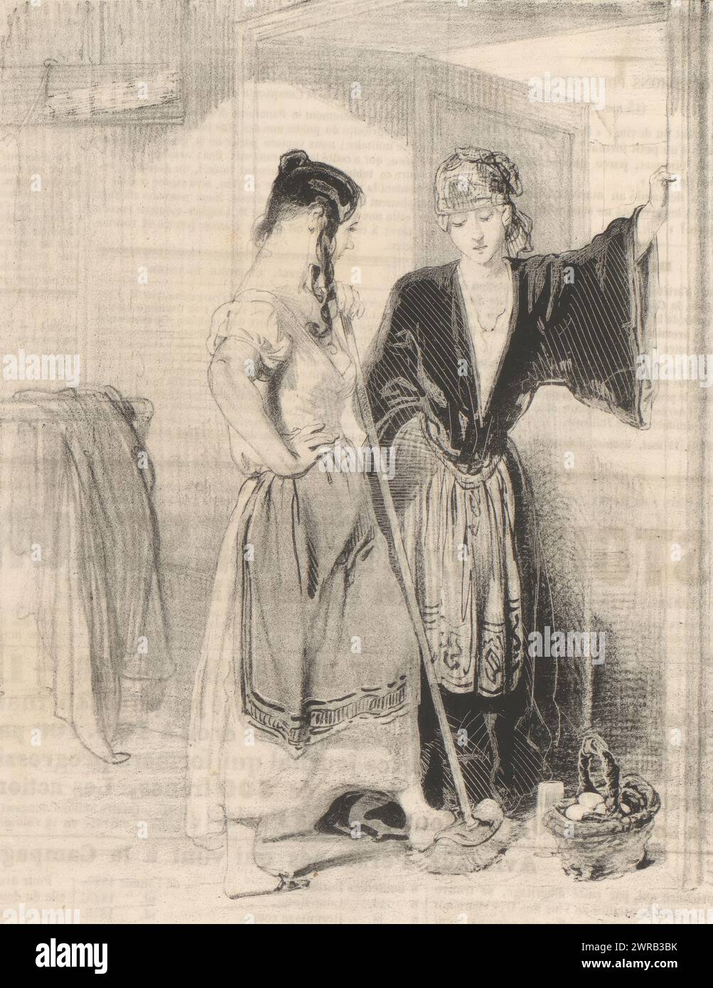 Two women speak to each other in a porch while cleaning, Et dire qu'on a eu cinq mille francs de loyer (...) (title on object), Women from Notre-Dame-de-Lorette in Paris (series title), Les Lorettes (series title on object), print maker: Paul Gavarni, printer: Aubert & Cie., publisher: Pannier & Cie., Paris, 1843, paper, height 362 mm × width 237 mm, print Stock Photo